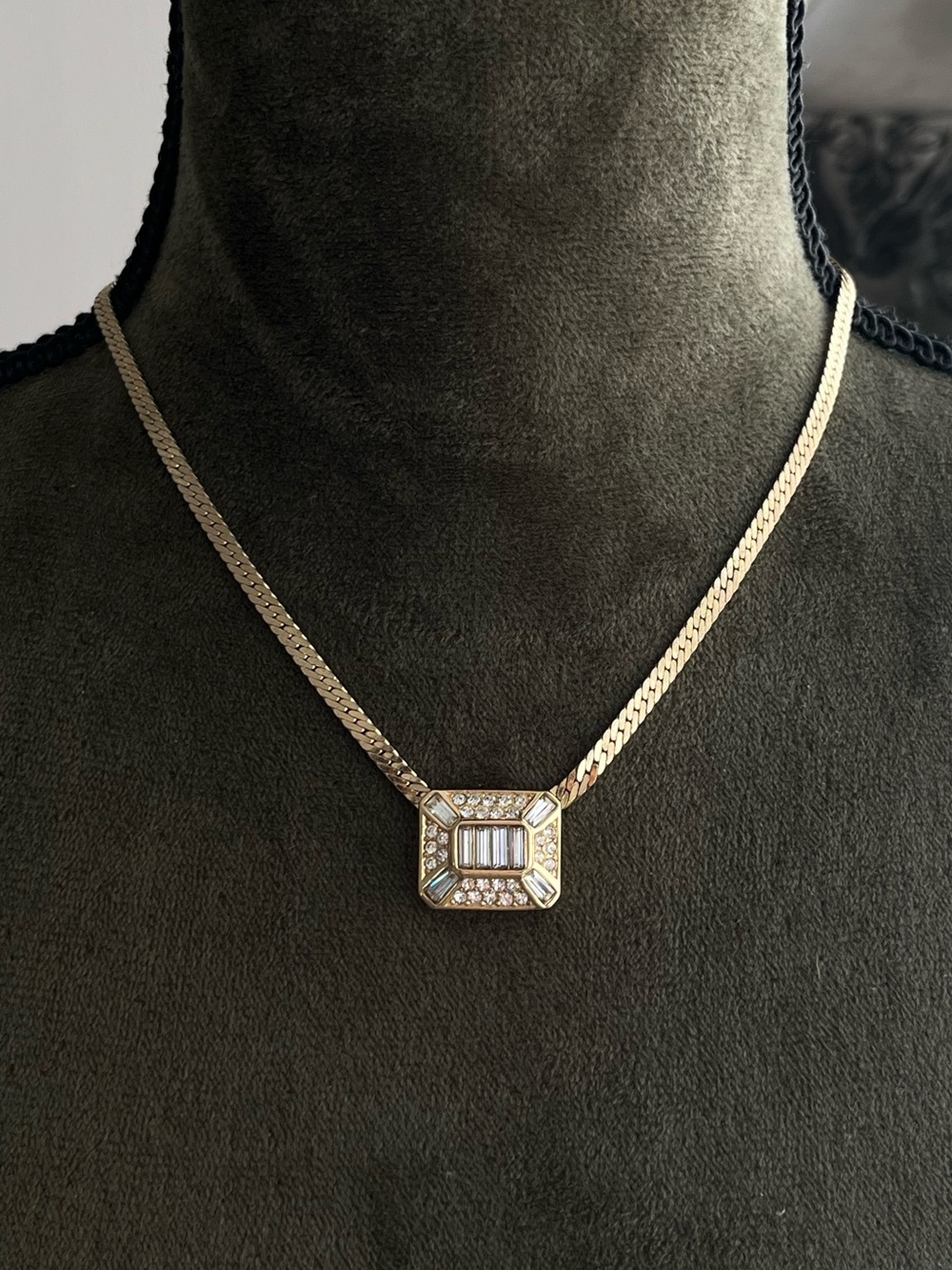 Authentic Vintage Dior Baguette Rhinestone Rectangle Pendant Gold Chain Necklace